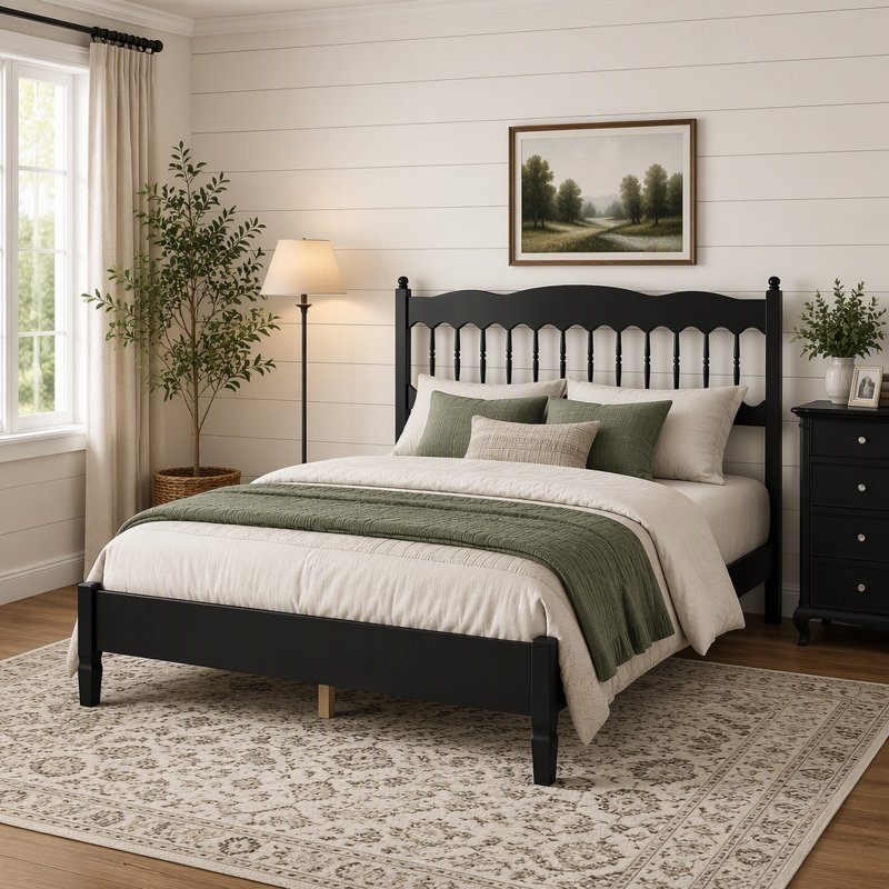 Base de lit en bois de style campagne grand avec tête de lit à broche, lit plateforme robuste avec support de lattes, aucun sommier requis, assemblage facile, noir