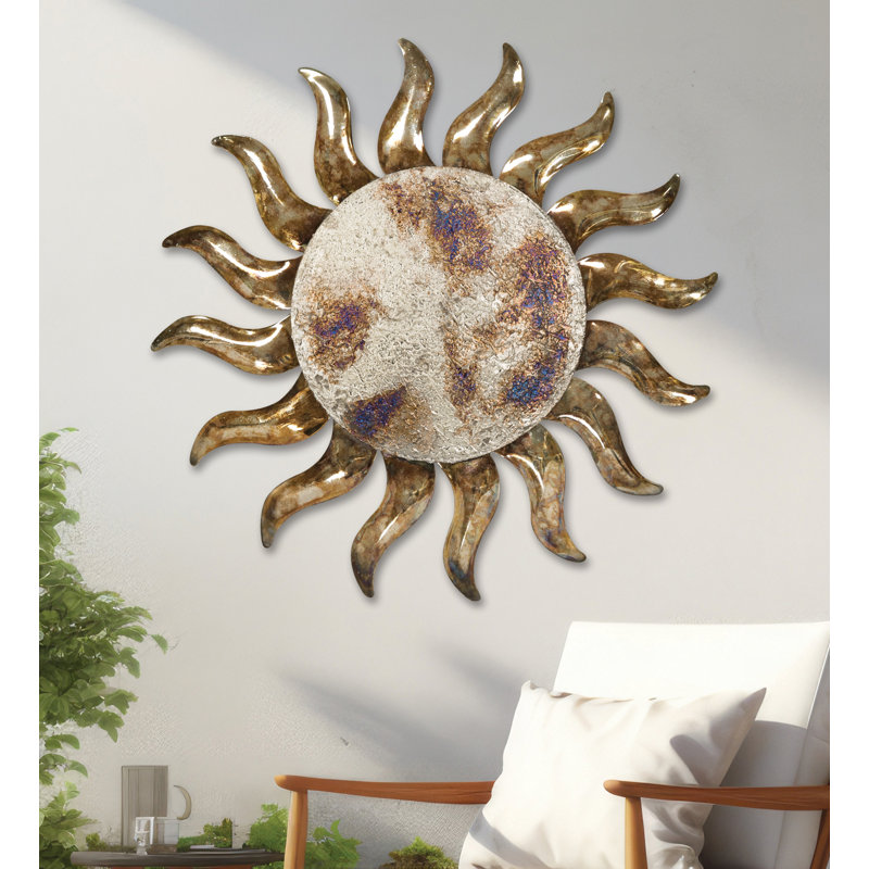 29 Inch Sun Metal Outdoor Wall Decor with Multi Color Weather Resistant Finish for Indoor and Outdoor Home Accent - Champagne