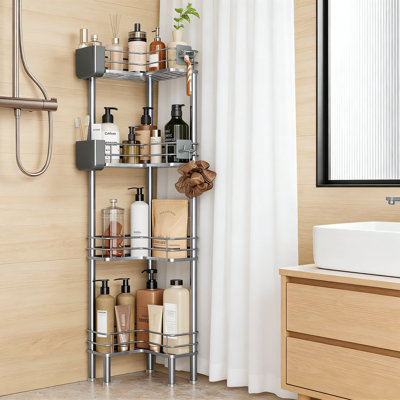 Floor Standing Corner Shower Caddy Organizer, 4-Tier Rustproof Bathroom Shelf With Toothbrush Holder And Hooks, Large Spacing For Tall Bottles, Adjustable Legs For Stability