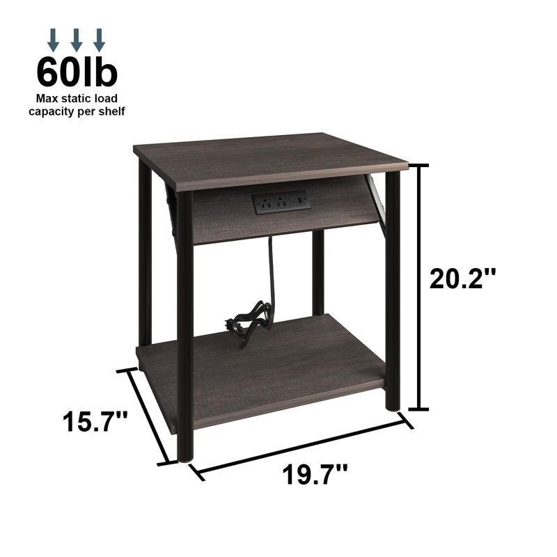 Simple Bedside Table with Open Storage Shelf, Charging Station, Easy to Assembly, Gray