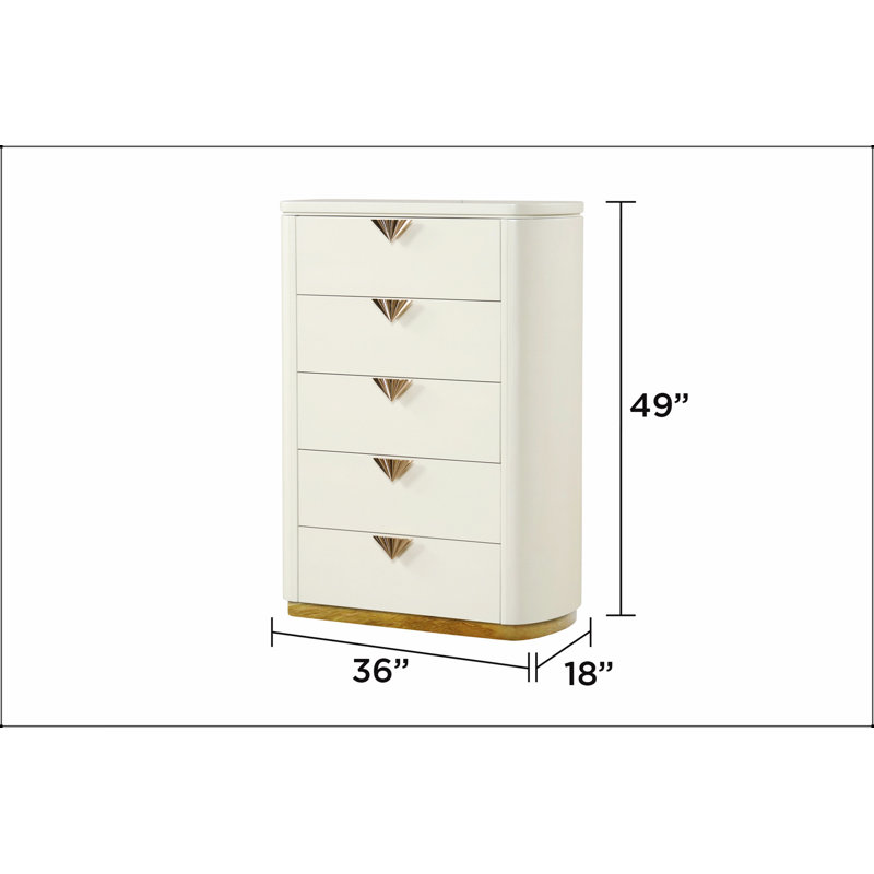 Commode 5 tiroirs La Pierre avec miroir à plateau ouvert, détails dorés et rangement spacieux pour les chambres élégantes