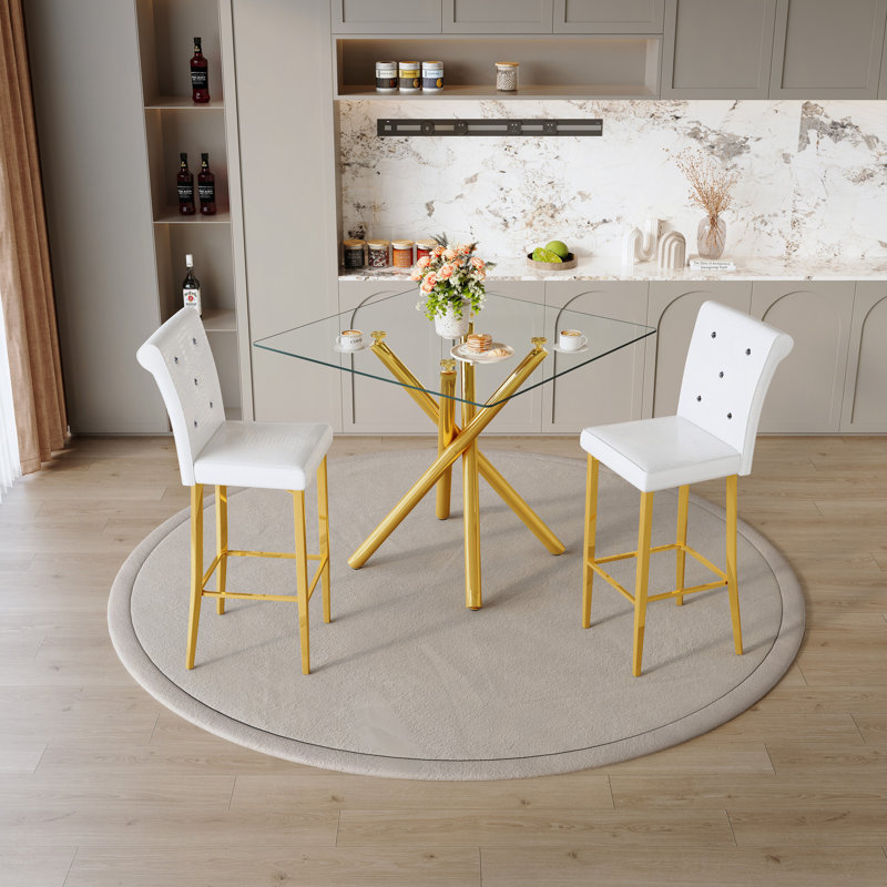 Ensemble de 2 tables de bar et tabourets de bar à hauteur fixe Modern, Doré, Blanc / Doré