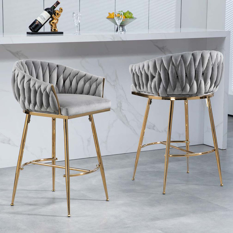 Velvet Upholstered Counter Height Bar Stools, Gray