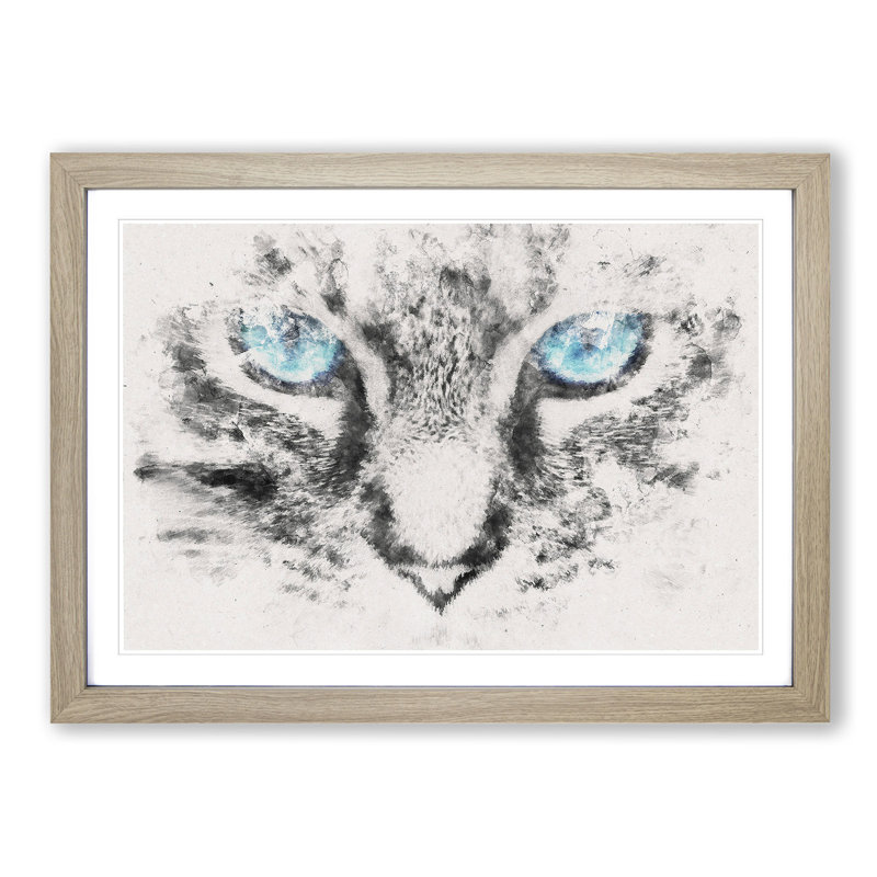 Bright Blue Cat Eyes - Picture Frame Graphic Art Print, 40cm H x 60cm W x 2cm D, Oak Framed