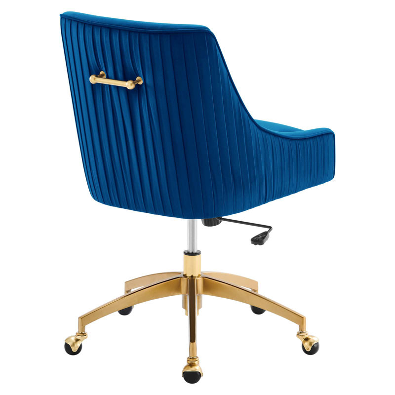 Navy Velvet and Gold Swivel Office Chair with Wood Accents