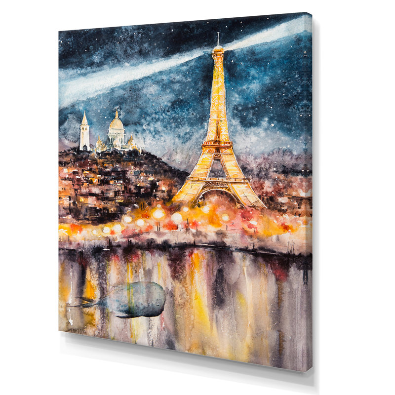 «Paris At Night with Bright Shining Eiffel Tower», reproduction sur toile, H 12 po x l 8 po x P 1 po, Toile tendue