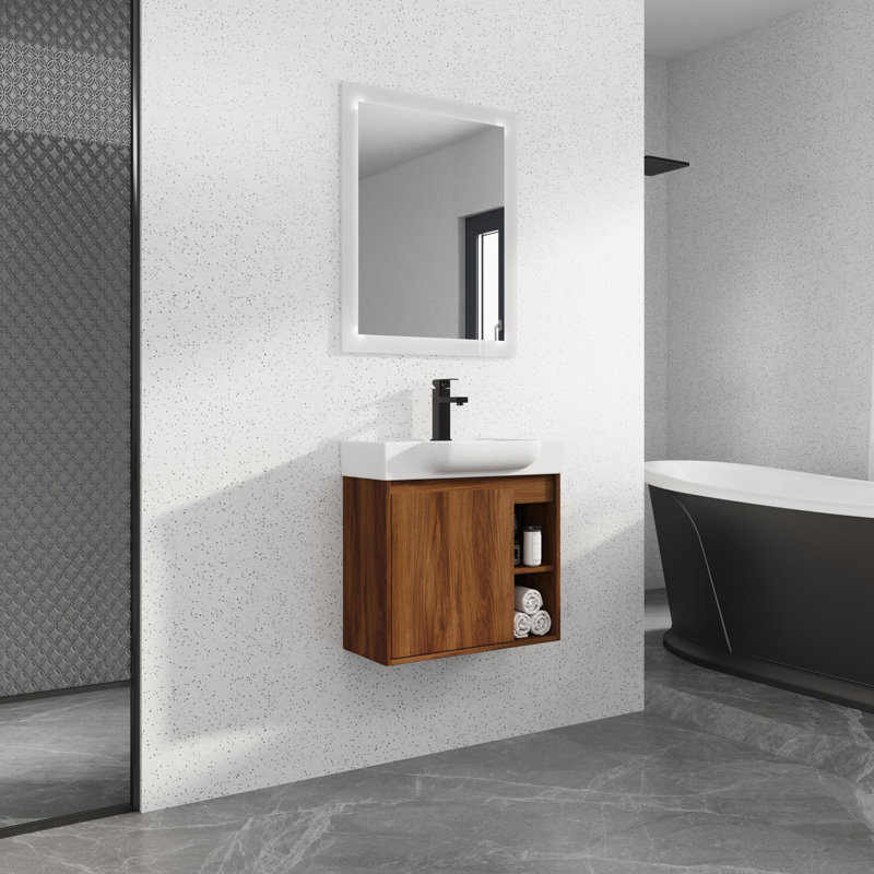 Meuble-lavabo mural multifonctionnel avec porte à fermeture en douceur et tablettes ouvertes, Brun ébène, 24