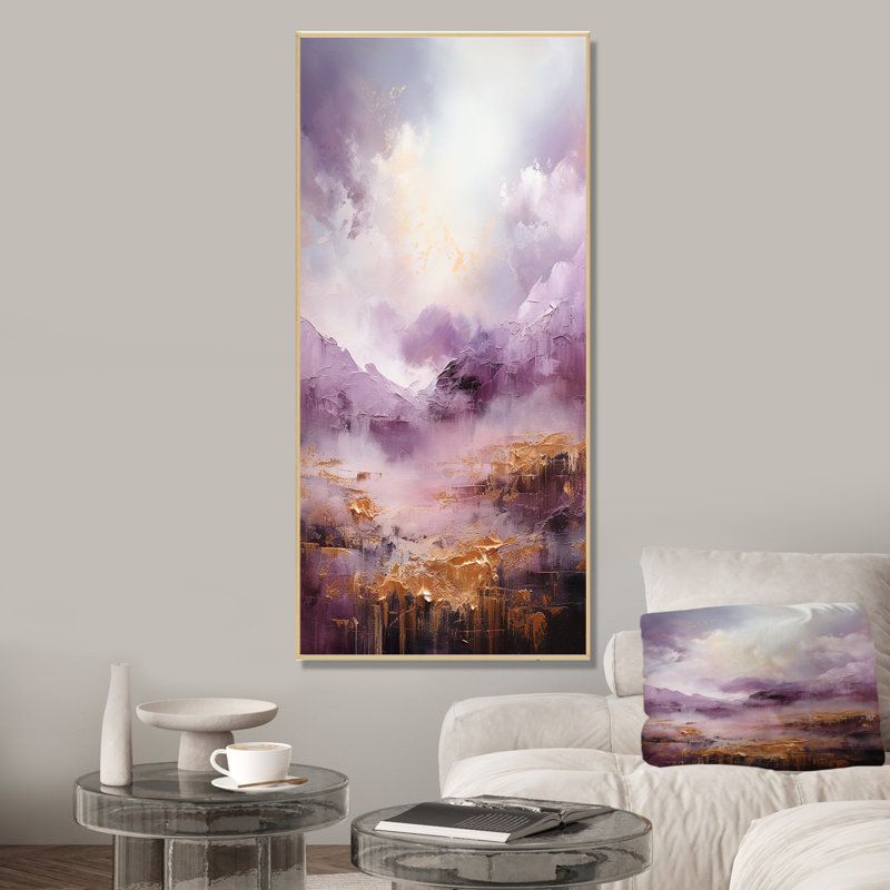 Lac mauve et doré et montagne V, H 60 po x l 28 po x P 1,5 po, Cadre flottant brun