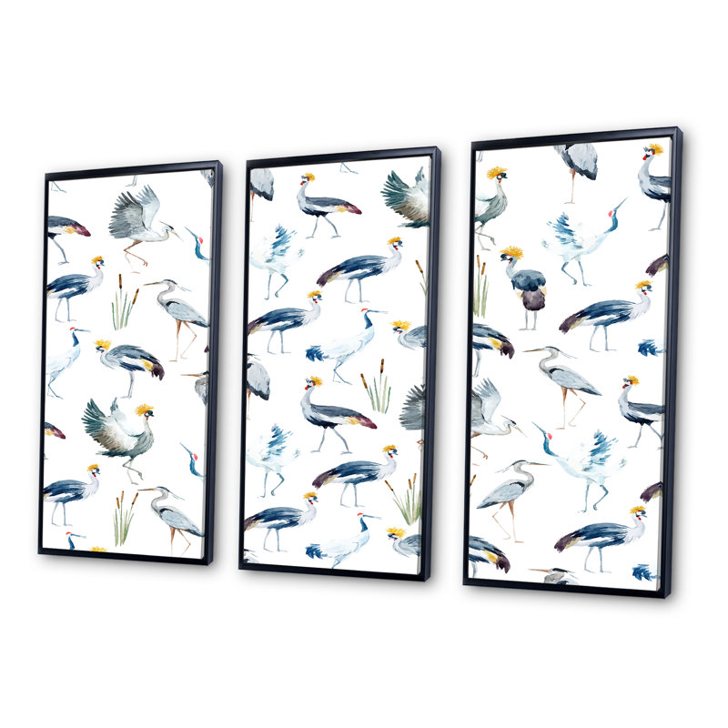 «African Cranes», ensemble de 3 impressions sur toile, Cadre noir, H 28 po x l 36 po x P 1 po
