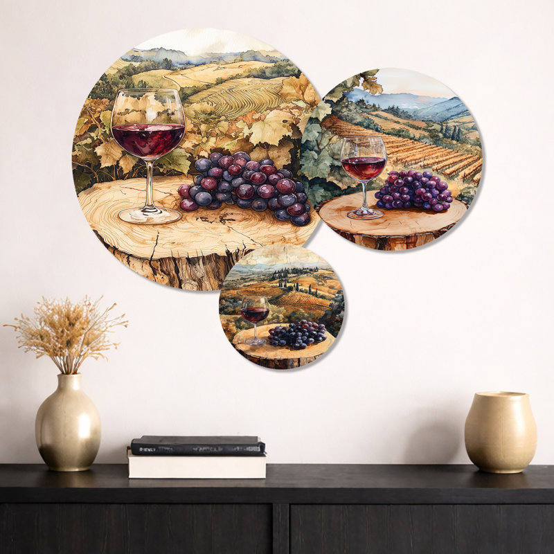 Vignoble avec verre de vin et raisin en Provence I - vignoble mauve, art mural 3 pièces