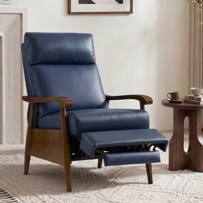 Dessus de fauteuil inclinable Mid-Century de 27,2 po de largeur en cuir véritable avec fonction en bois massif et accoudoirs pour le salon, la salle de divertissement et le bureau