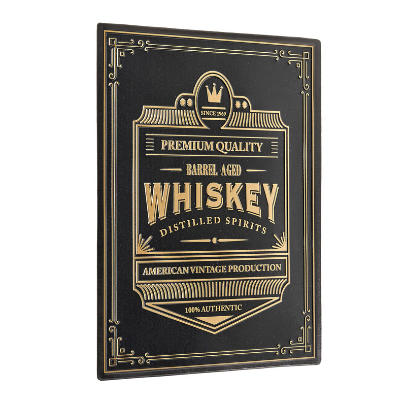 Winston Porter Barrel Aged Whiskey Embossed Black and Gold Metal Bar Sign