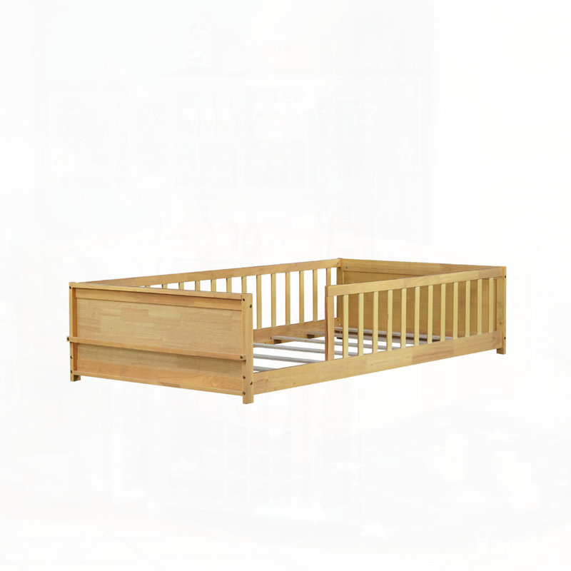 Twin size Floor Platform Bed with Built-in Book Rack, Natural