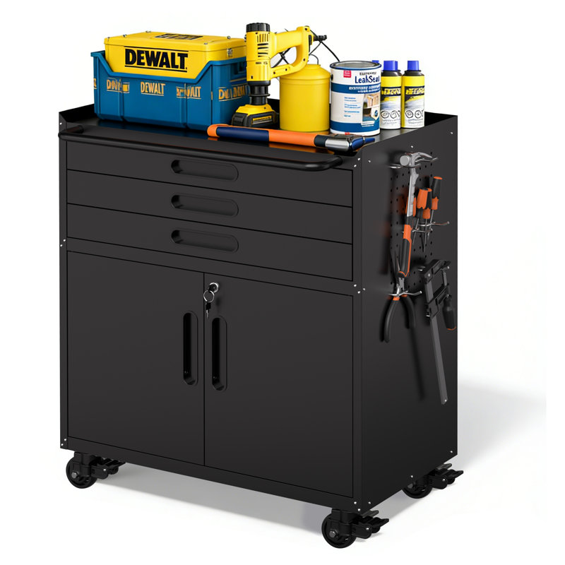 34.3"H Heavy-Duty Rolling Tool Cabinet with Lockable Doors & 3 Drawers, All-Steel Mobile Garage Storage and Workbench