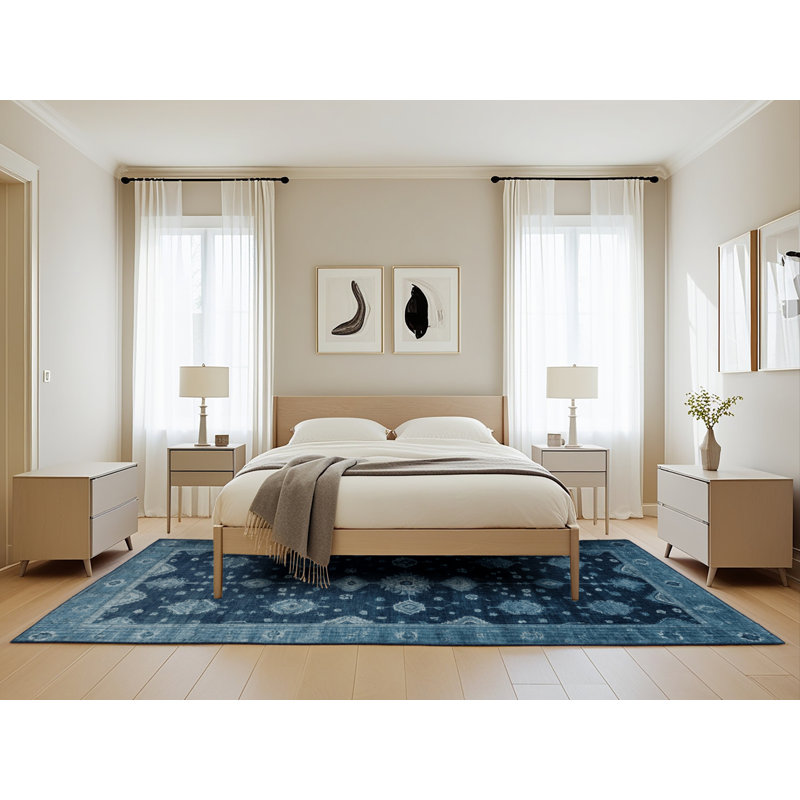 Machine Washable Overdyed Blue Area Rug, Rectangle 5' x 8'