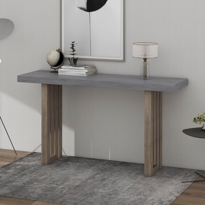 Uniquely Designed Oak Veneer Console Table With Distinctive Side Shapes, Gray