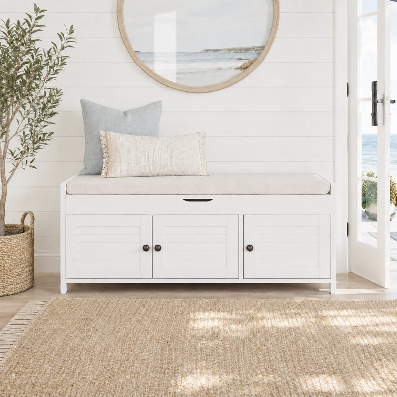Linen Blend Upholstered Storage Bench, White