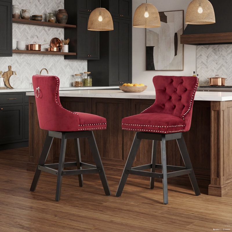 Set of 2 Bar Stools, Wine Red Velvet Swivel Stools with Button Tufted Backs and Wood Legs, Chrome Nailhead Trim Accent
