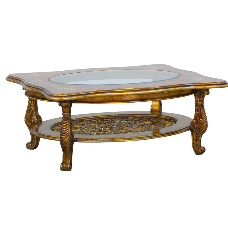 Vintage Rectangular Wood Coffee Table with Glass Top and Storage Shelf