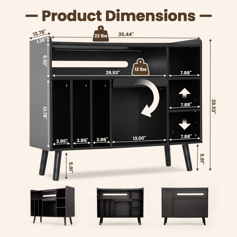 Record Player Stand with LED Lights & Charging Station, Black