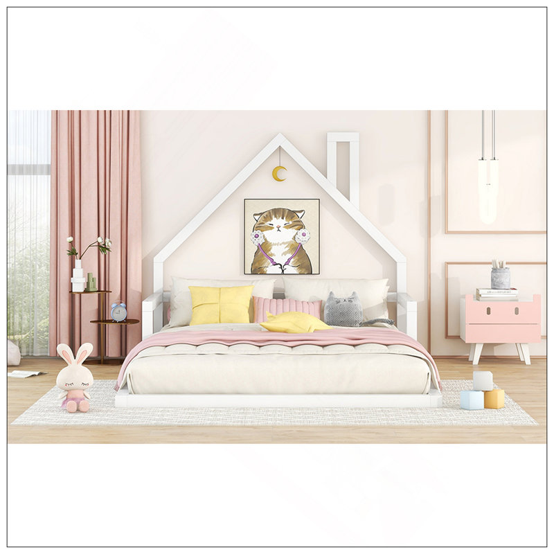 Lit en bois avec tête de lit en bois, Blanc, Lit double