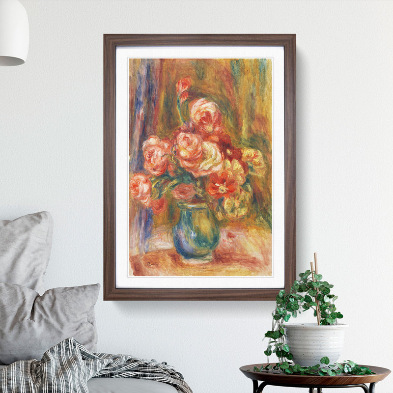 Vase of Roses by Pierre-Auguste Renoir - Picture Frame Painting, 36cm H x 27cm W x 2cm D, Walnut Framed
