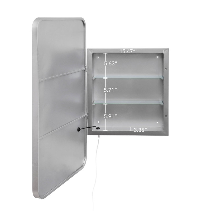 Miroir à pharmacie mural rectangulaire en argent, miroir de maquillage à DEL 3 couleurs, 2 tablettes amovibles en verre trempé pour le rangement des articles de toilette