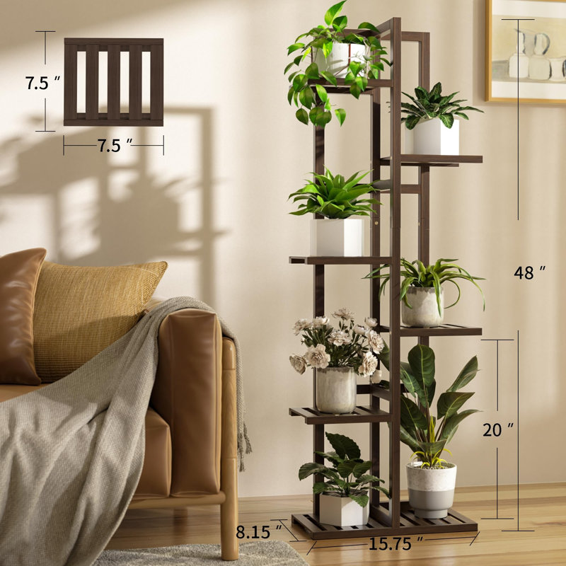Étagère d'angle à 6 niveaux en bambou pour plantes, tablette d'intérieur haute pour plusieurs plantes, Brown