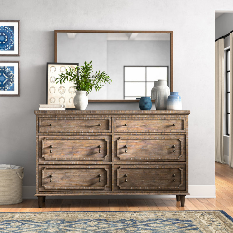 Ilay Rustic 6-Drawer Dresser with Felt Lined Drawers and Jewelry Tray