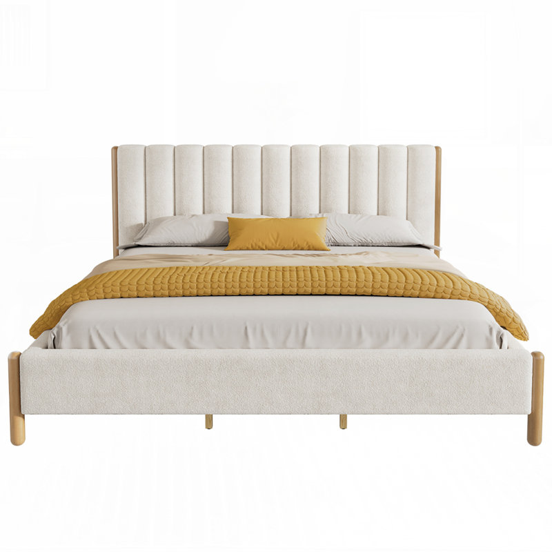 Lit moelleux luxueux en tissu bouclé avec tête de lit à rayures verticales et pieds en bois d'hévéa durables pour un confort élégant
