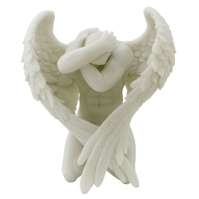 6.3 in H Winged Nude Male Kneeling With Hands Holding Head Marble White Poly Resin