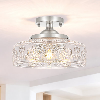 Plafonnier semi-encastré vintage en nickel brossé 3 lumières avec abat-jour en verre transparent gravé