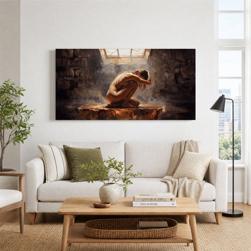 «Crouching Nude figure in Steamy Stone Room», art mural sur toile, L 40 po x H 20 po