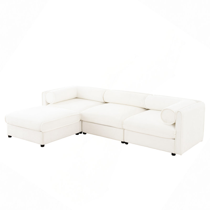 Canapé modulaire, élégant canapé en chenille avec siège de rangement et repose-pieds, dossier cylindrique en forme de L à 3 places et accoudoirs, canapé contemporain en tissu 3 places avec compartiment de rangement caché