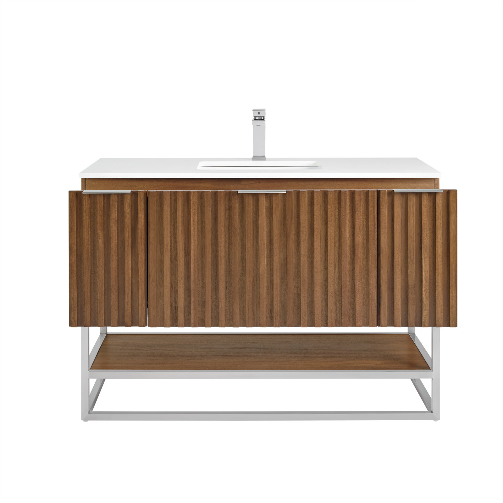Terra 48" Carrara Marble Single Bathroom Vanity, White Quartz/Single Faucet Mount, Walnut, Brushed Nickel