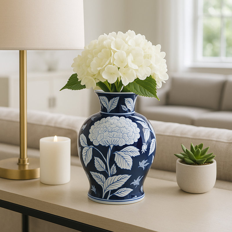 Chinoiserie Vase Stoneware Ceramic Floral Detailing 9" Blue and White for Home Office Bedroom Living Room Decor