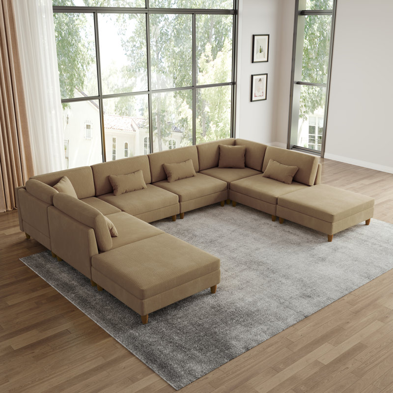 Seemab 8 - Piece Upholstered Camel Corduroy Modular Sectional with Pillow Back and Removable Ottoman, Camel
