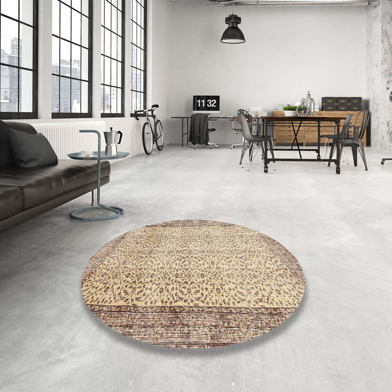 Tapis contemporain beige / olive clair, Rond 7 pi