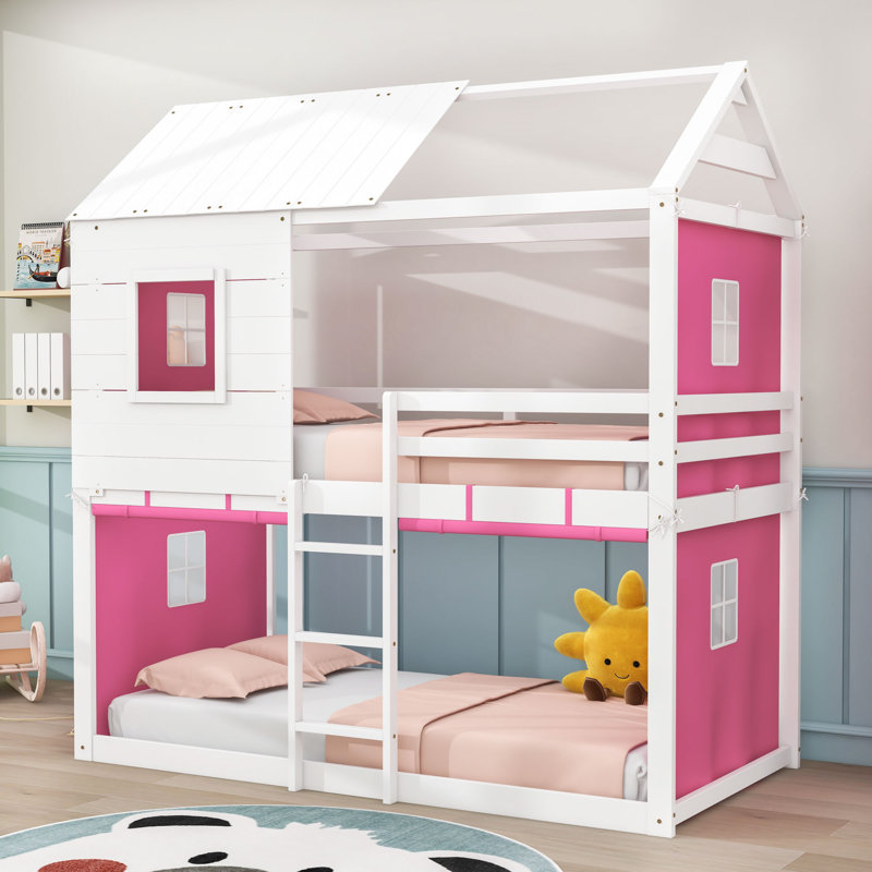 Lit superposé en bois avec toit, tente et garde-corps, Simple sur simple, Rose / blanc
