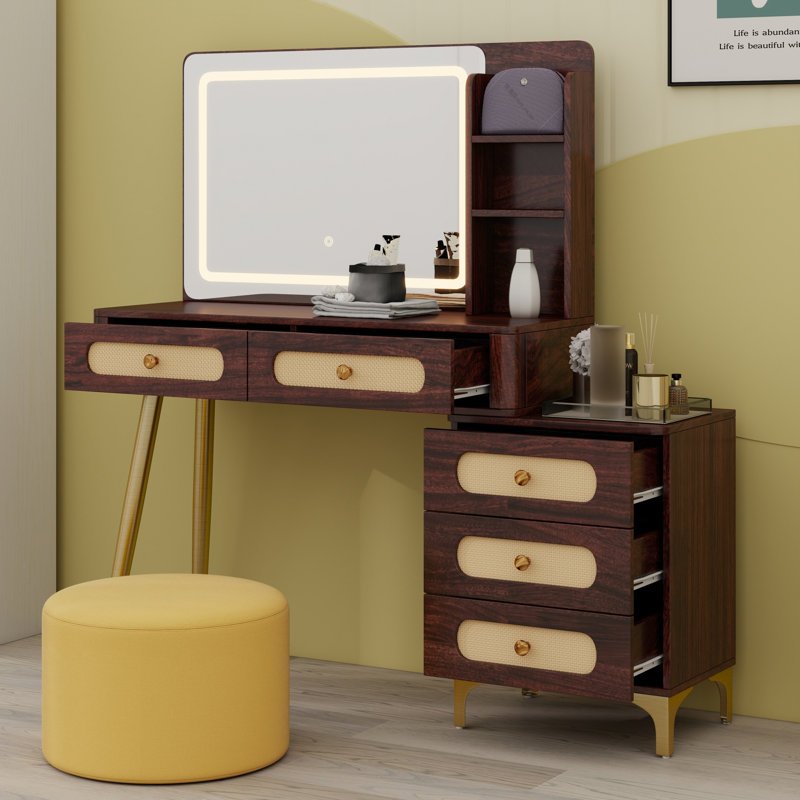Bureau de coiffeuse en rotin rétro, 5 tiroirs, tablette de rangement, miroir, Brown