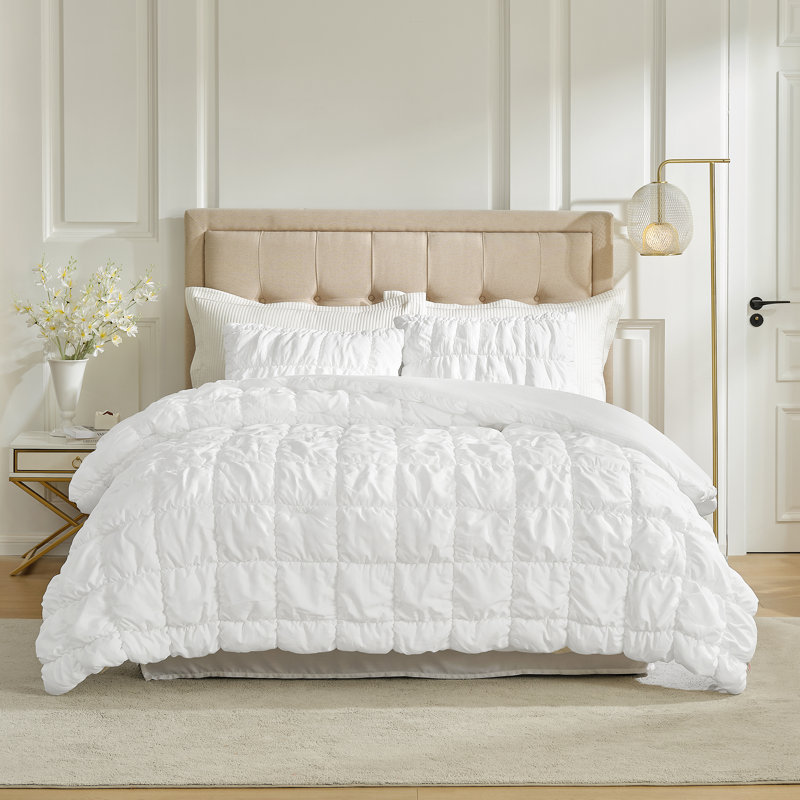 Ensemble d'édredon texturé Amélie Home, Édredon grand + 2 taies d'oreiller standard, Blanc, 3