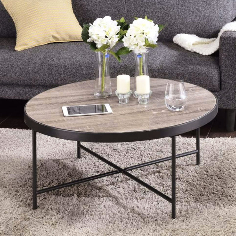 Round Coffee Table With Metal Frame And Weathered Gray Oak Top, Kd Assembly, Industrial Look For & End Tables In Home Trim Finish, 32 Inch Product Depth Width, 16 Height