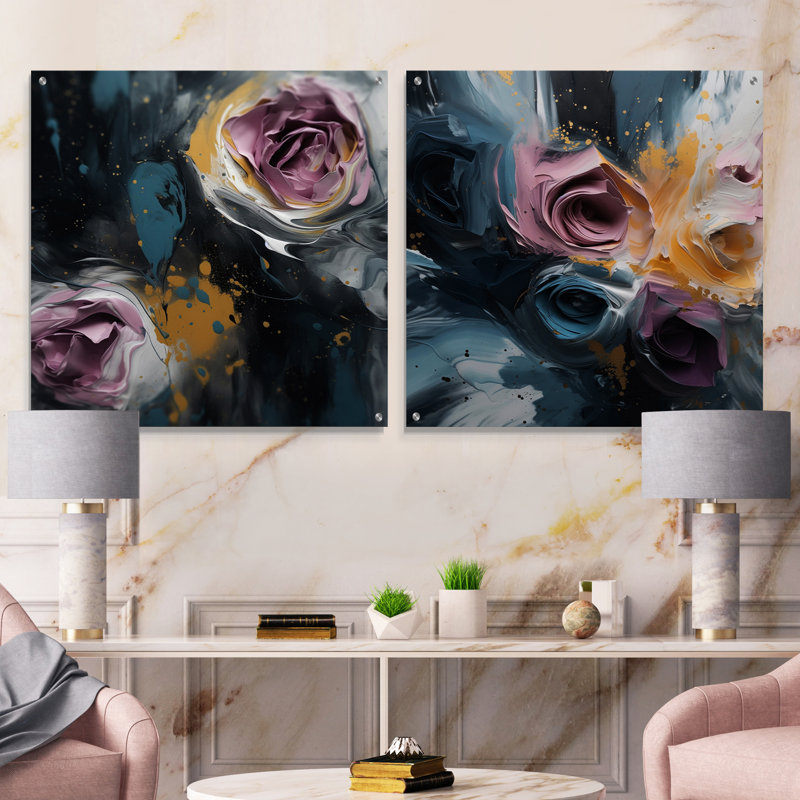 «Pink Rose Symphony I», ensemble de 2 verres muraux en acrylique, H 16 po x l 33 po