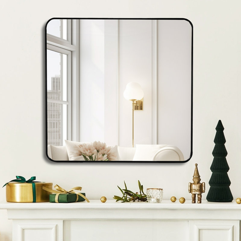 36In X 36In Inch Metal Framed Square Bathrrom Mirror, Black, 36" x 36"