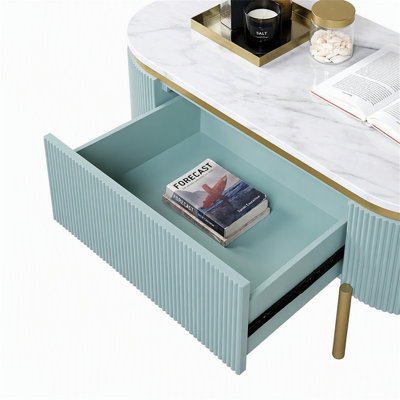 Table de canapé contemporaine 1 pièce avec plateau en faux marbre et tablette inférieure ouverte Glam