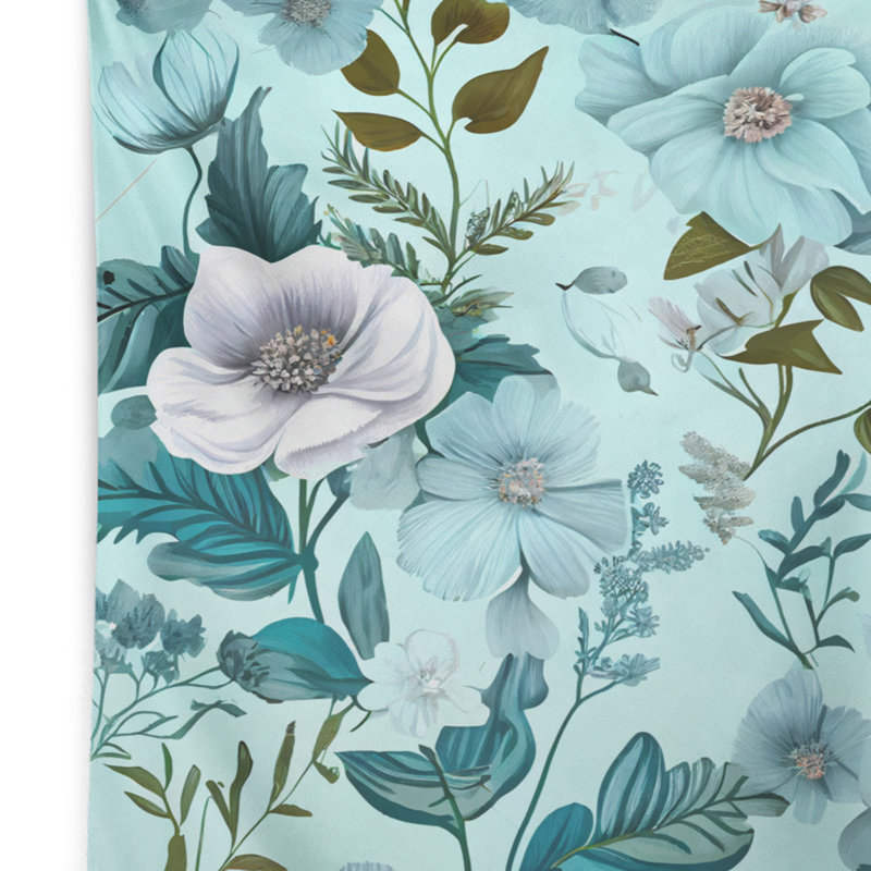 Polyester en fleurs pastel sur fond de tapisserie V bleu clair avec punaises, H 50 po x l 60 po
