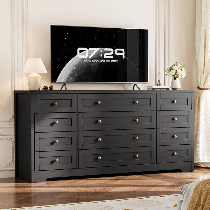 Commode 12 po en bois 12 tiroirs, meuble télé 63 po pour téléviseur 65 po, Noir