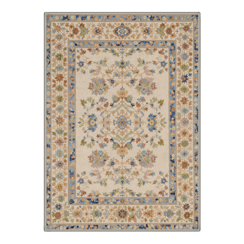 Allsop Verdant Floral Machine Washable Blue / Green / Beige Indoor Area Rug with Non-Slip Backing, Rectangle 9' x 12'