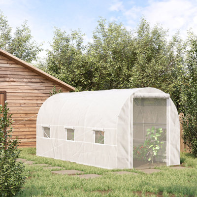 Tunnel de plain-pied, serre chaude de grand jardin avec 6 fenêtres et porte, structure en acier robuste, très grandes fenêtres blanches, - facilitent la floraison des plantes, des fruits, des fleurs,