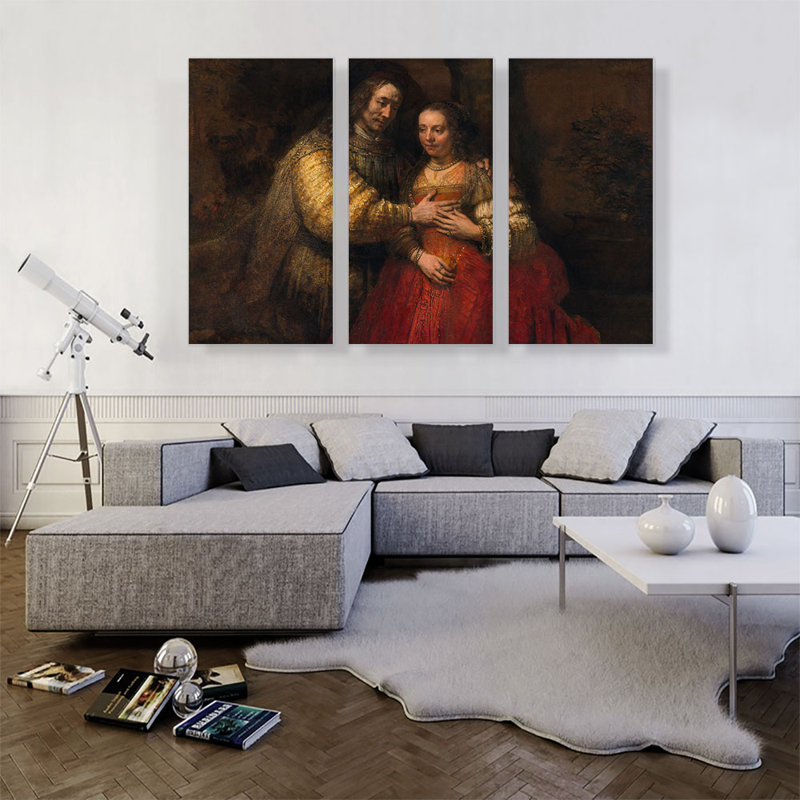 La fiancée juive 1667 par Rembrandt van Rijn - Ensemble de 3 reproductions d'art sur toile tendue, H 40 po x l 60 po x 1,5 po